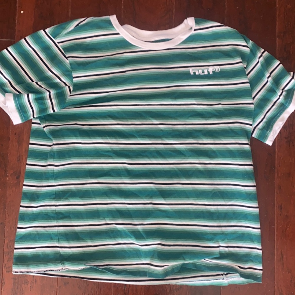 HUF Green/White Striped Crew Tee XL